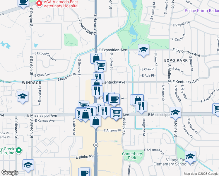 map of restaurants, bars, coffee shops, grocery stores, and more near 962 South Ironton Street in Aurora