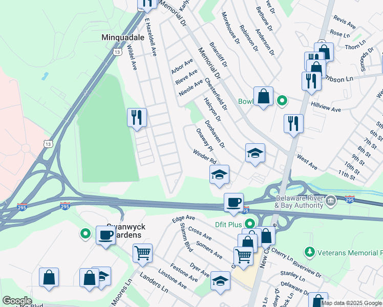 map of restaurants, bars, coffee shops, grocery stores, and more near 150 Winder Road in New Castle