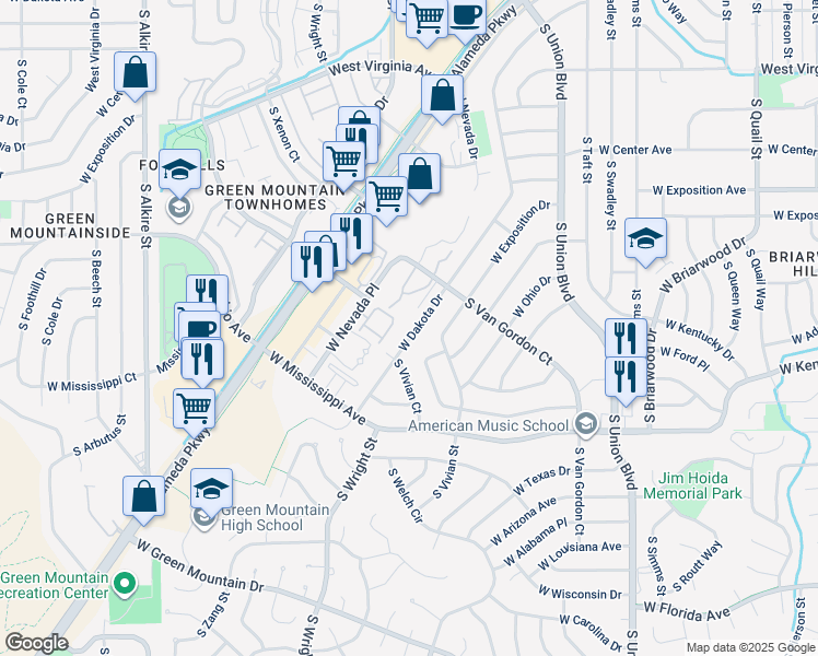 map of restaurants, bars, coffee shops, grocery stores, and more near 12311 West Dakota Drive in Lakewood