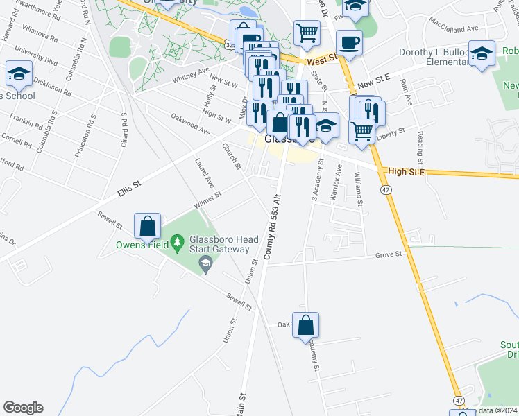 map of restaurants, bars, coffee shops, grocery stores, and more near 9 Church Street in Glassboro