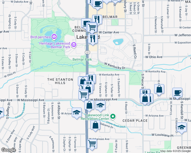 map of restaurants, bars, coffee shops, grocery stores, and more near 945 South Vance Street in Lakewood