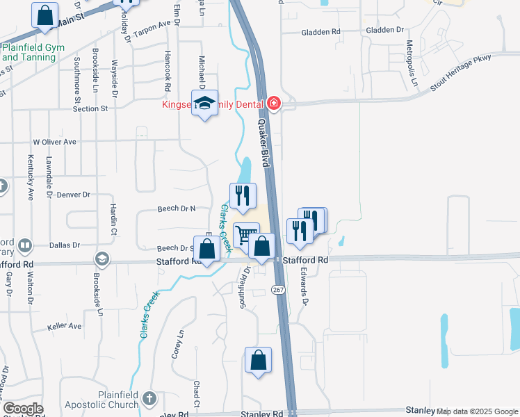 map of restaurants, bars, coffee shops, grocery stores, and more near 640 Lakeside Drive in Plainfield