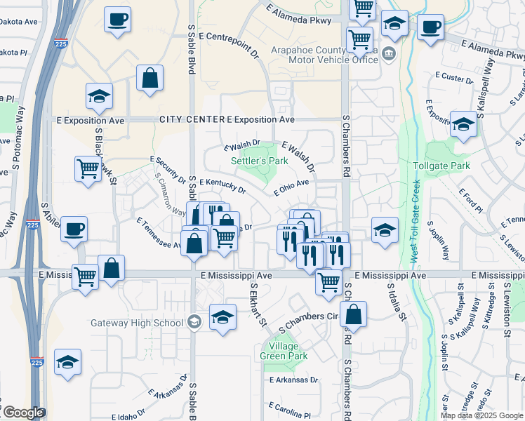 map of restaurants, bars, coffee shops, grocery stores, and more near 14852 East Kentucky Drive in Aurora