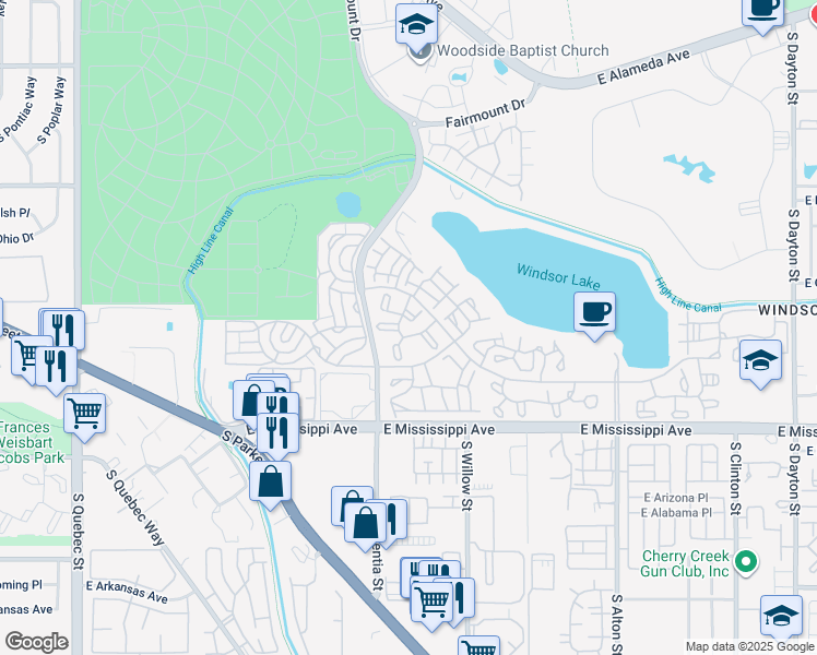 map of restaurants, bars, coffee shops, grocery stores, and more near 9029 East Mississippi Avenue in Denver