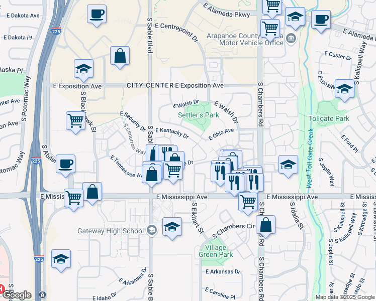map of restaurants, bars, coffee shops, grocery stores, and more near 14802 East Kentucky Drive in Aurora