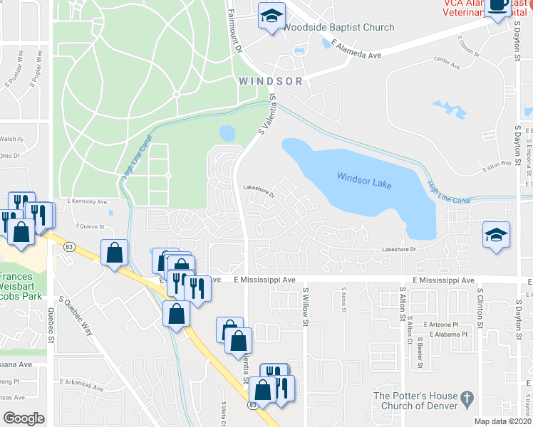 map of restaurants, bars, coffee shops, grocery stores, and more near 9029 East Mississippi Avenue in Denver