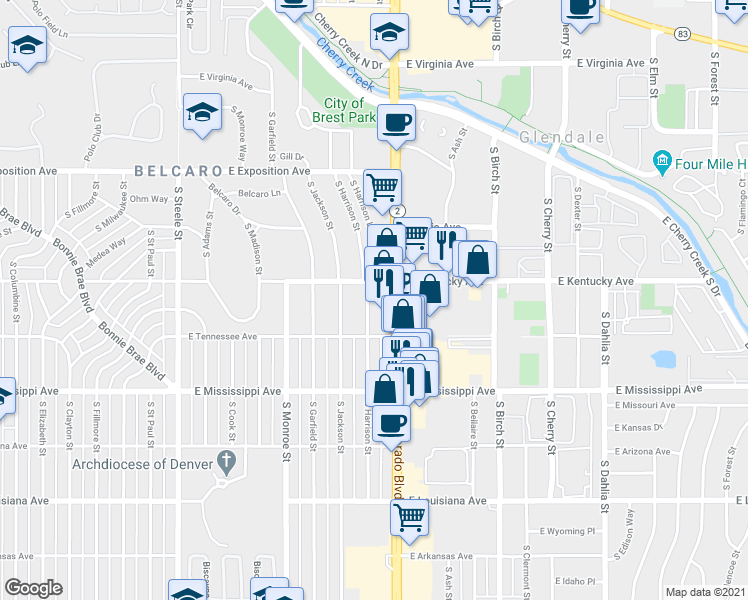map of restaurants, bars, coffee shops, grocery stores, and more near 950 South Harrison Street in Denver