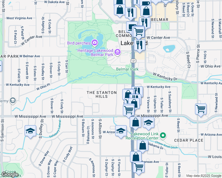 map of restaurants, bars, coffee shops, grocery stores, and more near 973 South Yarrow Street in Denver