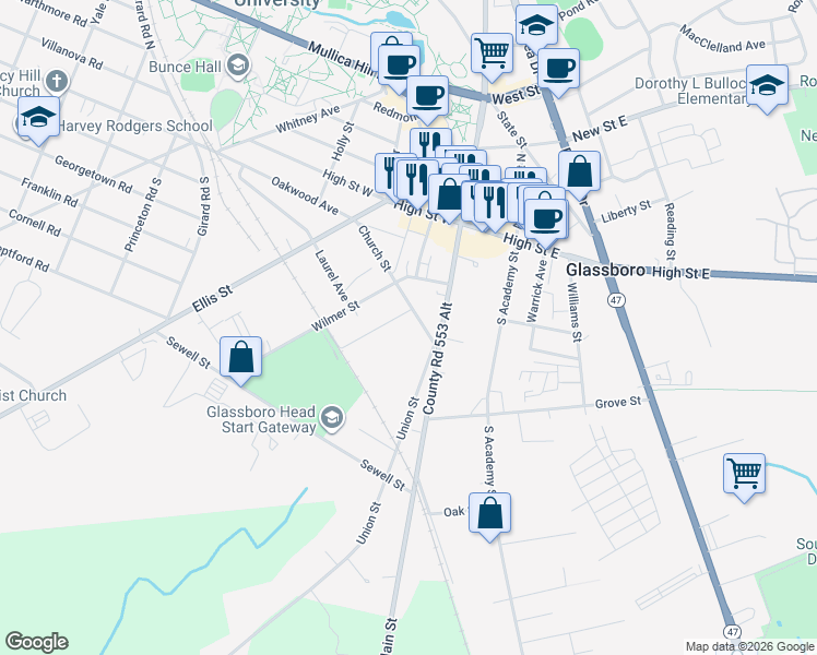 map of restaurants, bars, coffee shops, grocery stores, and more near 13 Church Street in Glassboro
