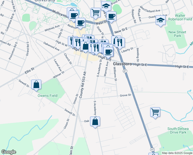 map of restaurants, bars, coffee shops, grocery stores, and more near 57 South Academy Street in Glassboro