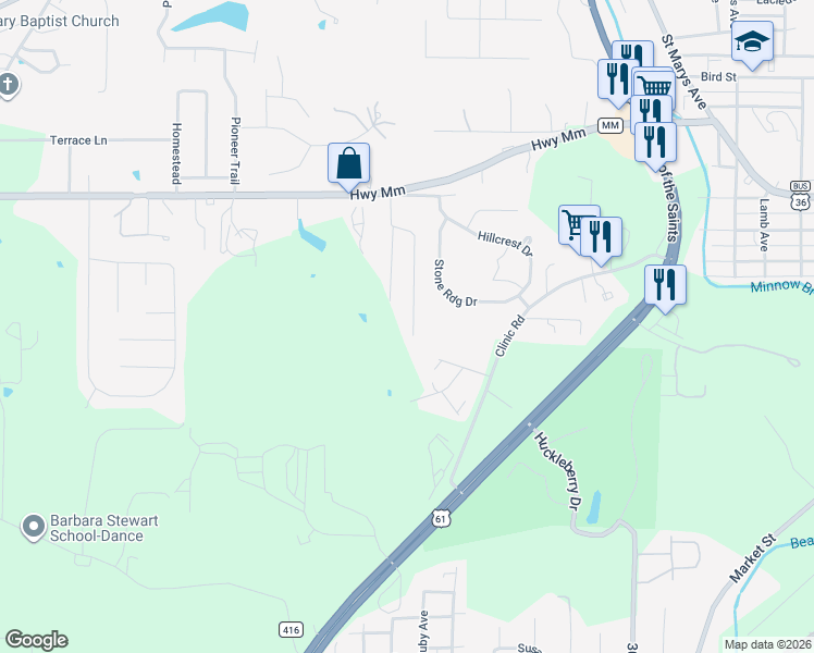 map of restaurants, bars, coffee shops, grocery stores, and more near 123 Paulina Drive in Hannibal