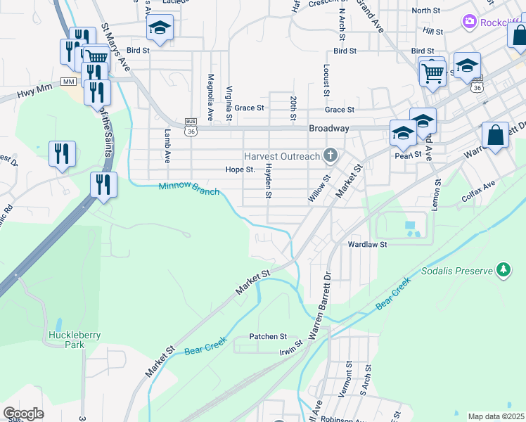 map of restaurants, bars, coffee shops, grocery stores, and more near 602-08 John Street in Hannibal
