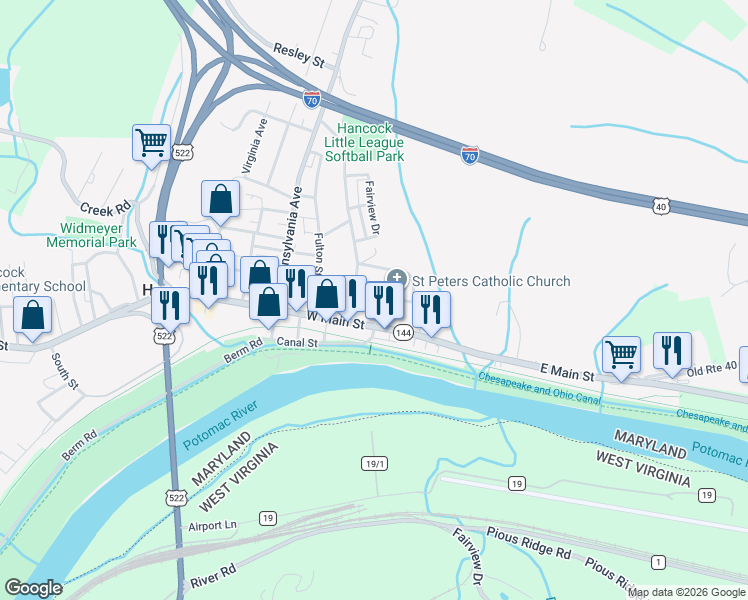 map of restaurants, bars, coffee shops, grocery stores, and more near 6 East Main Street in Hancock