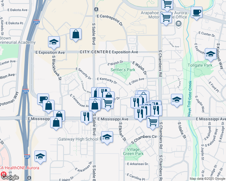map of restaurants, bars, coffee shops, grocery stores, and more near 14760 East Kentucky Drive in Aurora