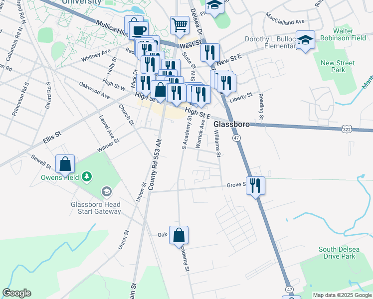 map of restaurants, bars, coffee shops, grocery stores, and more near 46 Academy Street South in Glassboro