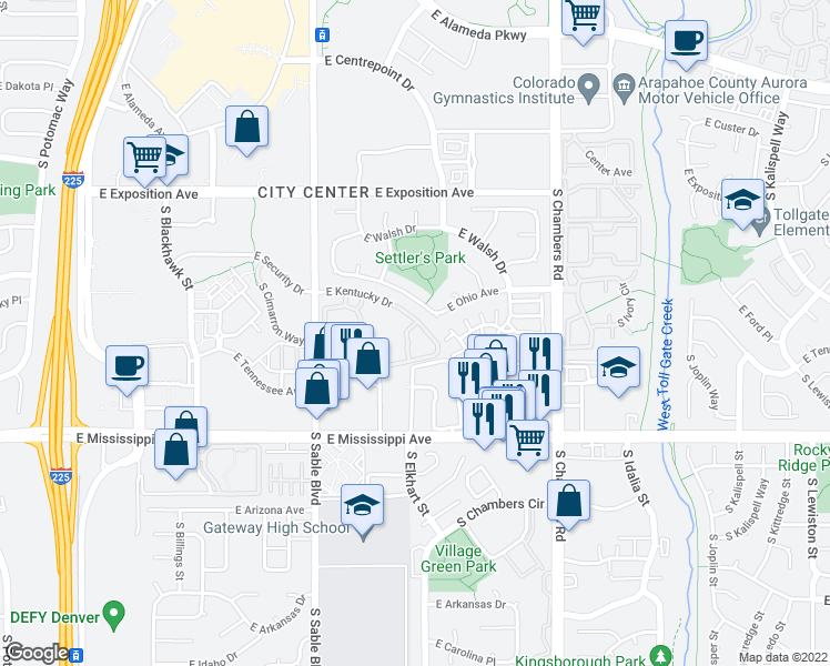 map of restaurants, bars, coffee shops, grocery stores, and more near 14802 East Kentucky Drive in Aurora