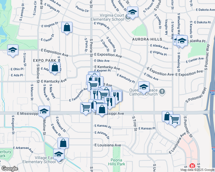 map of restaurants, bars, coffee shops, grocery stores, and more near 12281 East Tennessee Drive in Aurora