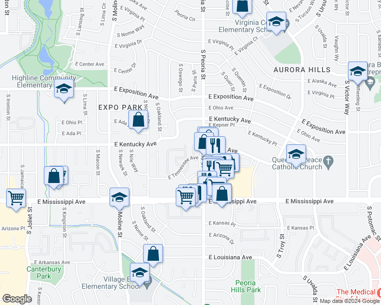 map of restaurants, bars, coffee shops, grocery stores, and more near 12042 East Tennessee Drive in Aurora