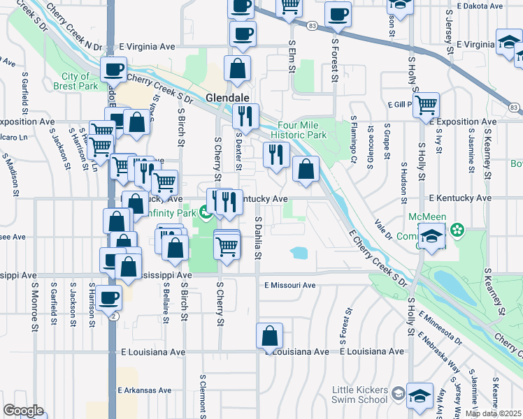 map of restaurants, bars, coffee shops, grocery stores, and more near 4820 East Kentucky Avenue in Denver