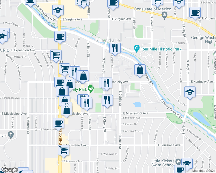 map of restaurants, bars, coffee shops, grocery stores, and more near 4600 East Kentucky Avenue in Denver