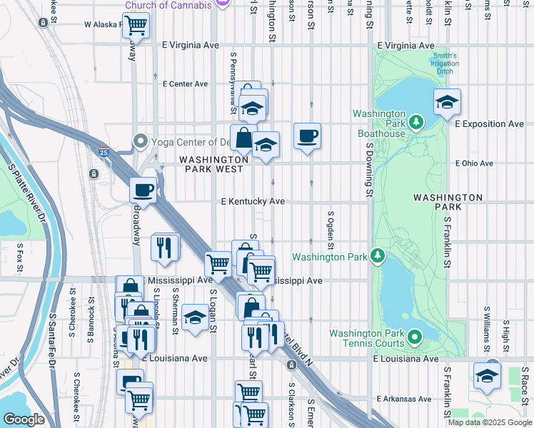 map of restaurants, bars, coffee shops, grocery stores, and more near 964 South Washington Street in Denver