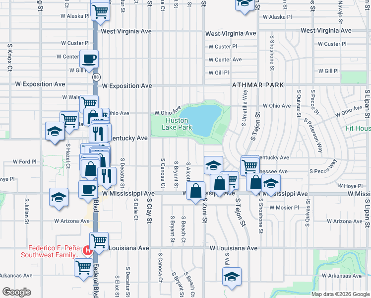 map of restaurants, bars, coffee shops, grocery stores, and more near 990 South Bryant Street in Denver