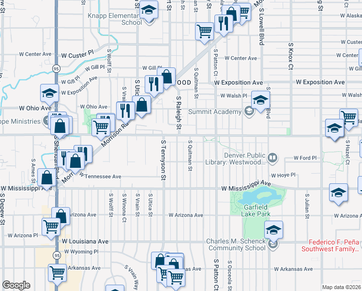 map of restaurants, bars, coffee shops, grocery stores, and more near 972 South Raleigh Street in Denver