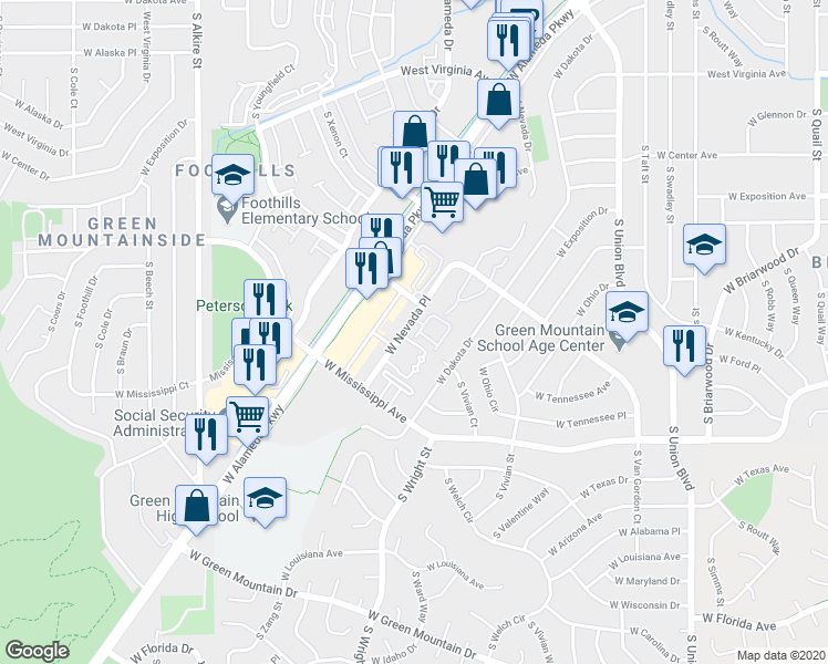 map of restaurants, bars, coffee shops, grocery stores, and more near 12478 West Nevada Place in Lakewood