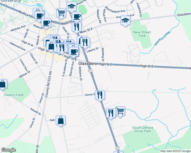 map of restaurants, bars, coffee shops, grocery stores, and more near 36 Delsea Drive South in Glassboro
