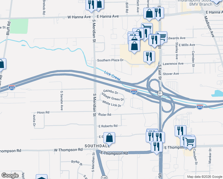 map of restaurants, bars, coffee shops, grocery stores, and more near 130 Village Green Drive in Indianapolis