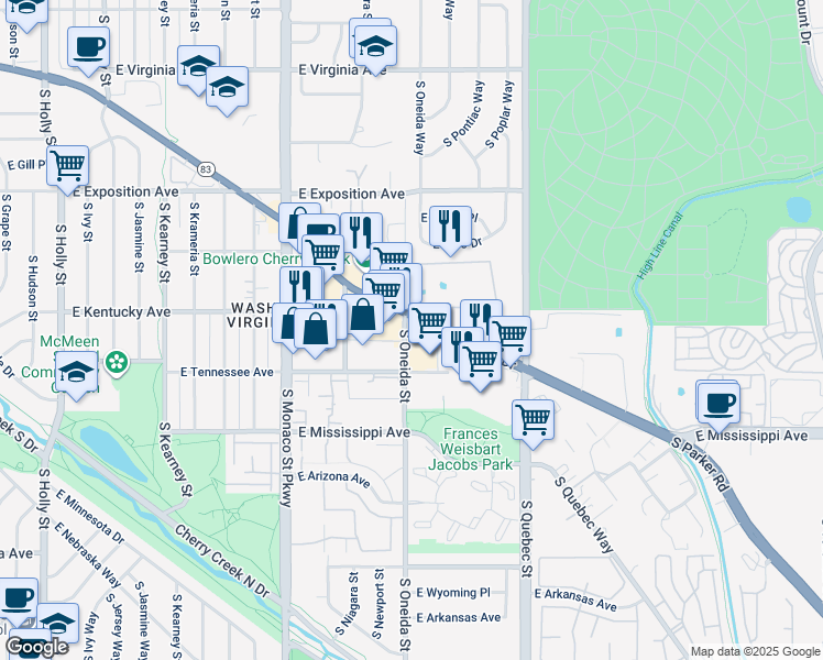 map of restaurants, bars, coffee shops, grocery stores, and more near 6825 East Tennessee Avenue in Denver