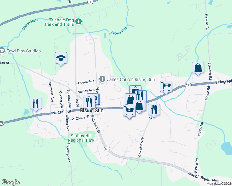 map of restaurants, bars, coffee shops, grocery stores, and more near 62 Leedle Circle in Rising Sun