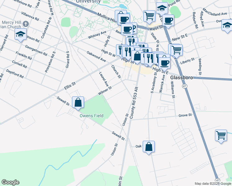 map of restaurants, bars, coffee shops, grocery stores, and more near 25 Zane Street in Glassboro