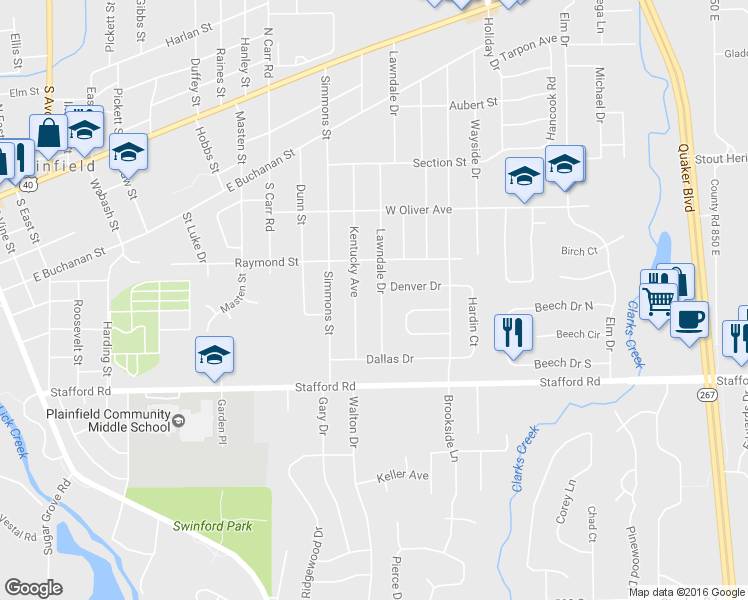 map of restaurants, bars, coffee shops, grocery stores, and more near 624 Lawndale Drive in Plainfield