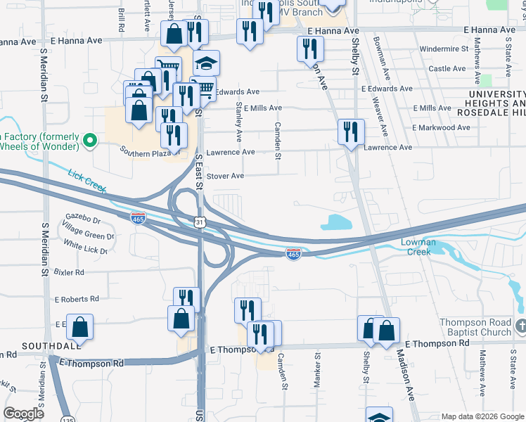 map of restaurants, bars, coffee shops, grocery stores, and more near 605 Stover Avenue in Indianapolis