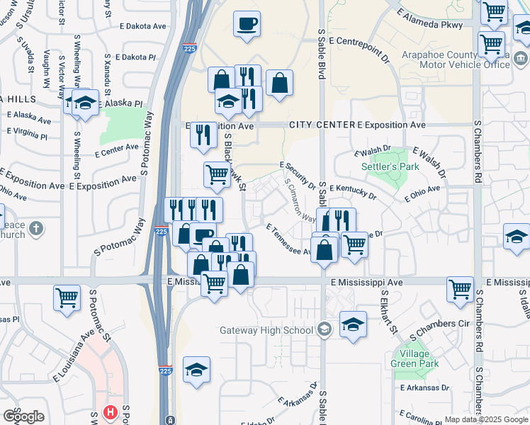 map of restaurants, bars, coffee shops, grocery stores, and more near 14221 East Kentucky Place in Aurora