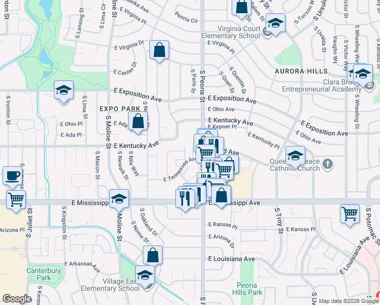map of restaurants, bars, coffee shops, grocery stores, and more near 910 South Paris Court in Aurora