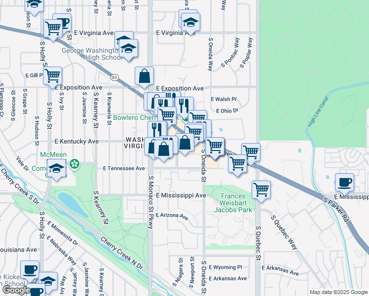 map of restaurants, bars, coffee shops, grocery stores, and more near 888 South Niagara Street in Denver