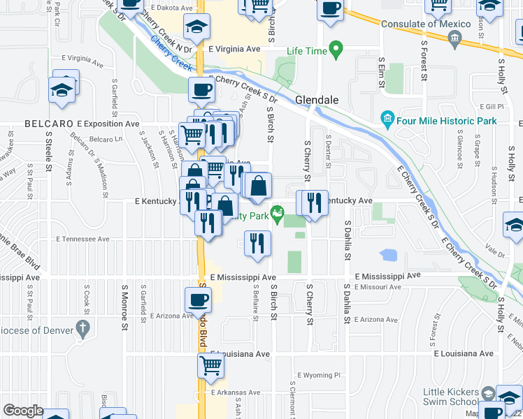 map of restaurants, bars, coffee shops, grocery stores, and more near 860 South Colorado Boulevard in Glendale