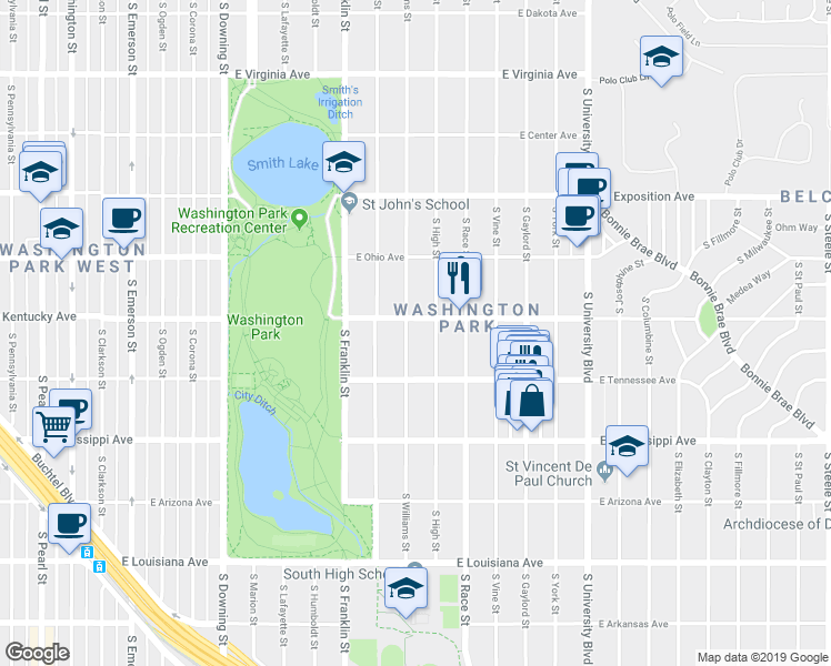 map of restaurants, bars, coffee shops, grocery stores, and more near 885 South High Street in Denver