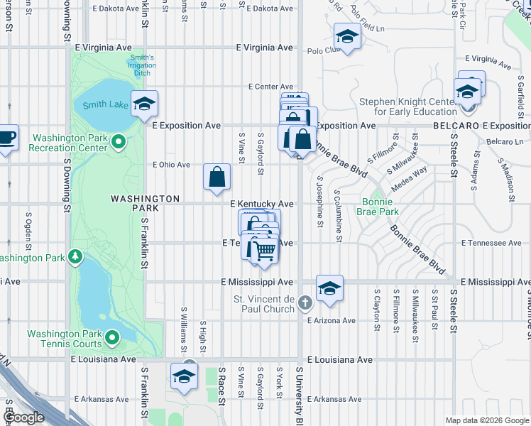 map of restaurants, bars, coffee shops, grocery stores, and more near 918 South Gaylord Street in Denver