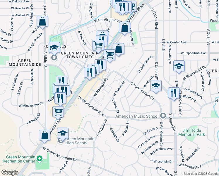 map of restaurants, bars, coffee shops, grocery stores, and more near 12354 West Nevada Place in Lakewood