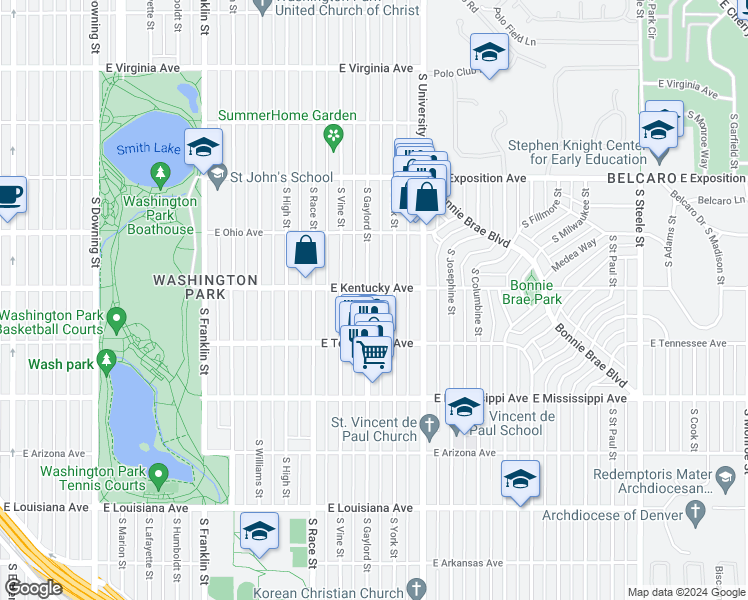 map of restaurants, bars, coffee shops, grocery stores, and more near 918 South Gaylord Street in Denver