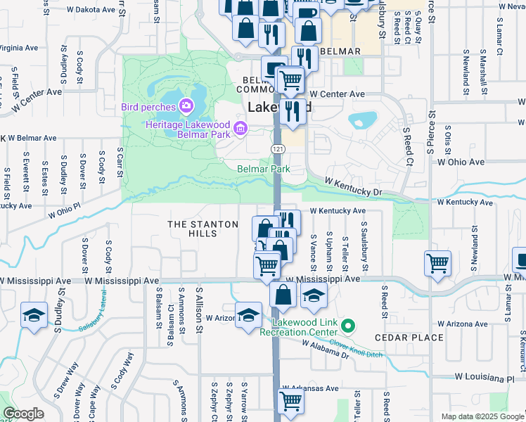 map of restaurants, bars, coffee shops, grocery stores, and more near 902 South Yukon Street in Lakewood