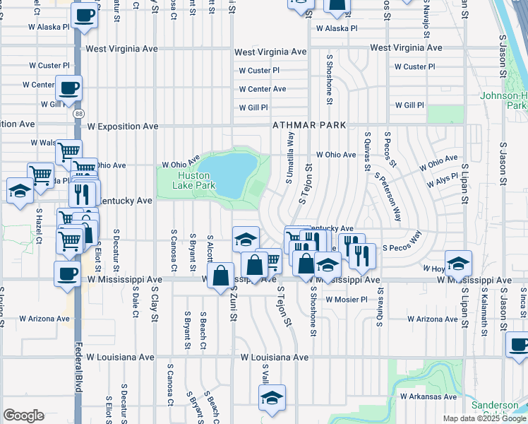 map of restaurants, bars, coffee shops, grocery stores, and more near 906 South Vallejo Street in Denver