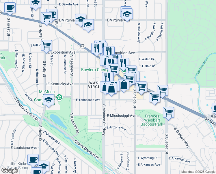 map of restaurants, bars, coffee shops, grocery stores, and more near 910 South Monaco Parkway in Denver