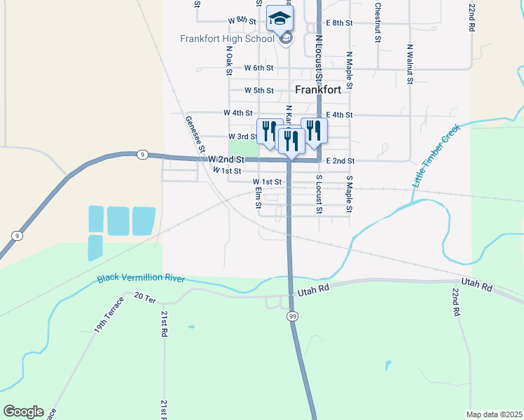 map of restaurants, bars, coffee shops, grocery stores, and more near 109 West 1st Avenue in Frankfort