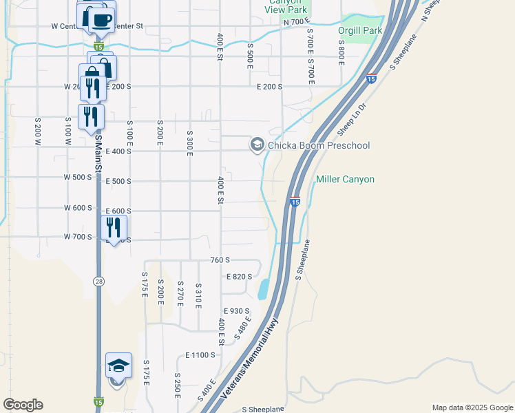 map of restaurants, bars, coffee shops, grocery stores, and more near 532 East 570 South in Nephi