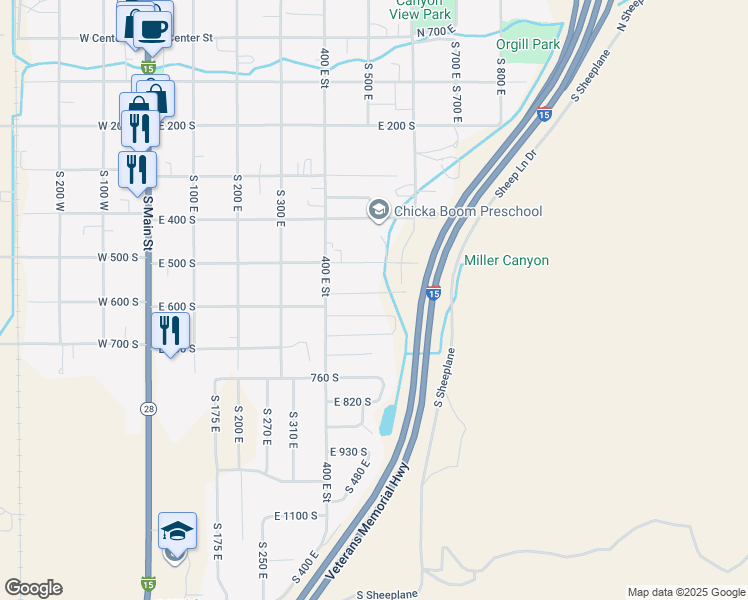 map of restaurants, bars, coffee shops, grocery stores, and more near 512 East 570 South in Nephi