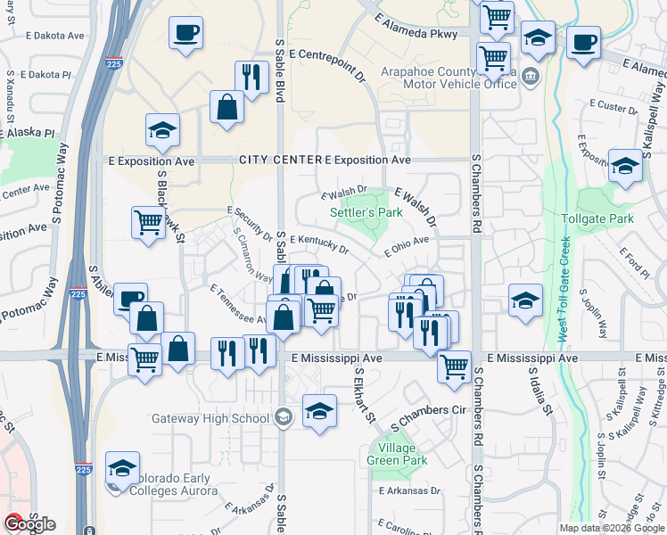 map of restaurants, bars, coffee shops, grocery stores, and more near 922 South Dearborn Way in Aurora
